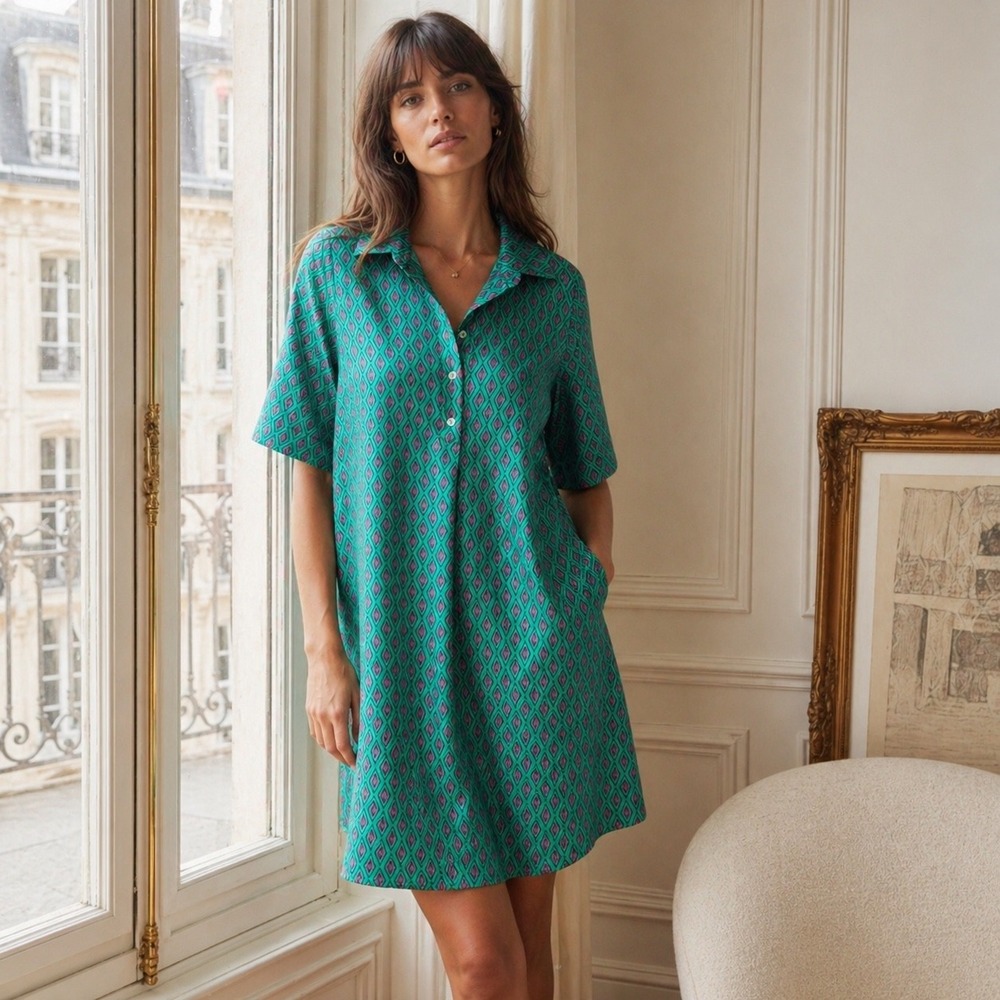 Margot‎ Paris NWT Popover Dress Small 100% cotton green geometric print mod boxy